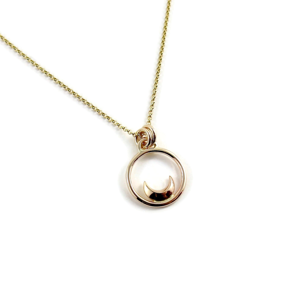 Gold dream necklace by Mikel Grant Jewellery.  Solid 14K gold crescent moon charm necklace.