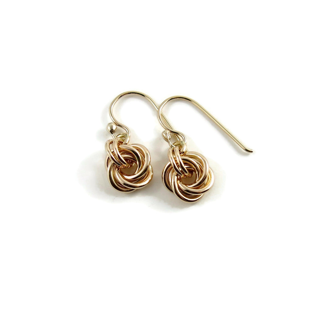 Gold eternity love knot earrings by Mikel Grant Jewellery.  Solid 14K gold moveable infinite knot earrings.