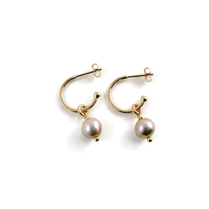 Small Gold Hoop Studs with Baroque Pearls • 14K Gold