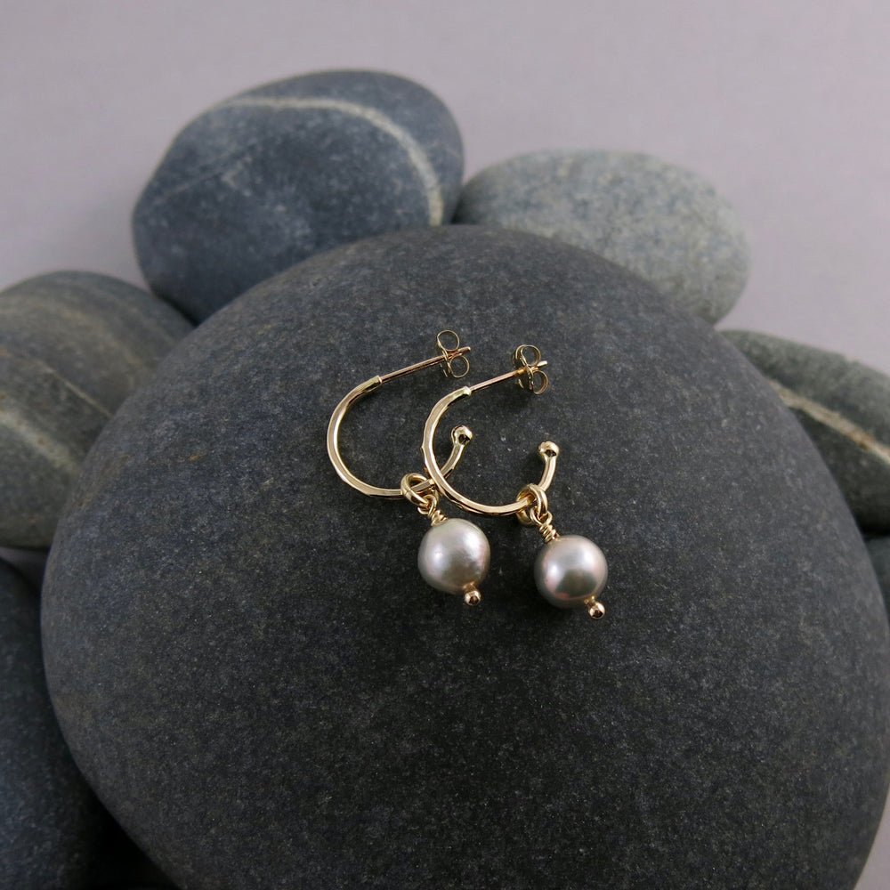 Small Gold Hoop Studs with Baroque Pearls • 14K Gold
