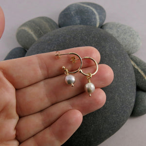 Small Gold Hoop Studs with Baroque Pearls • 14K Gold