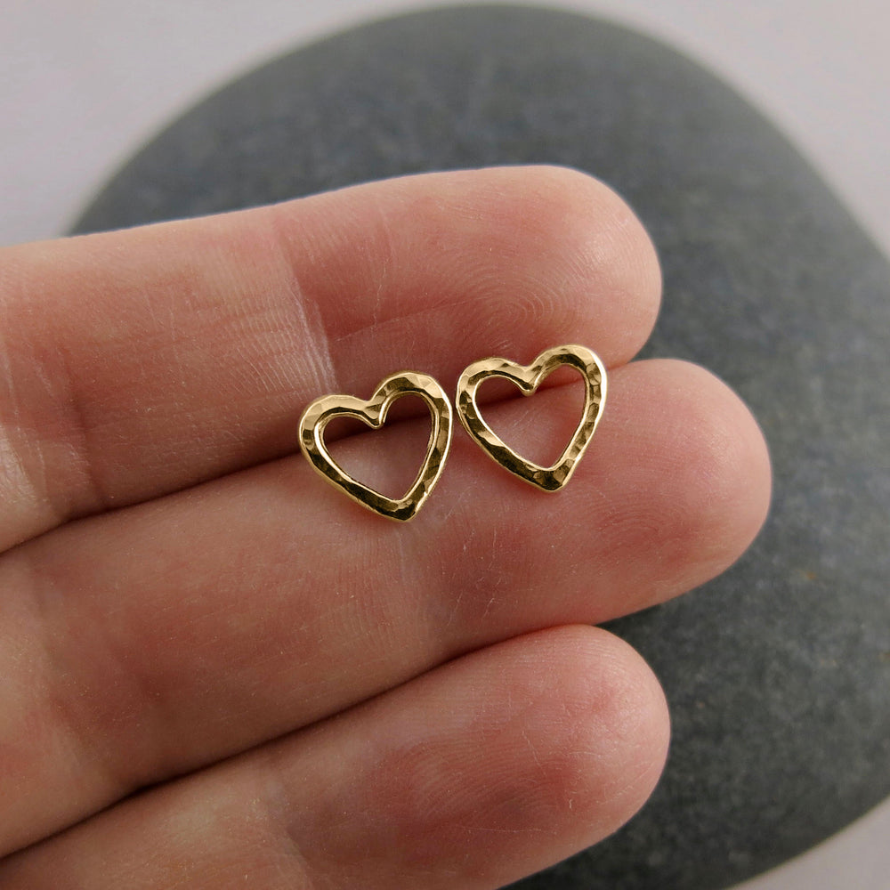 Gold open heart stud earrings by Mikel Grant Jewellery.
