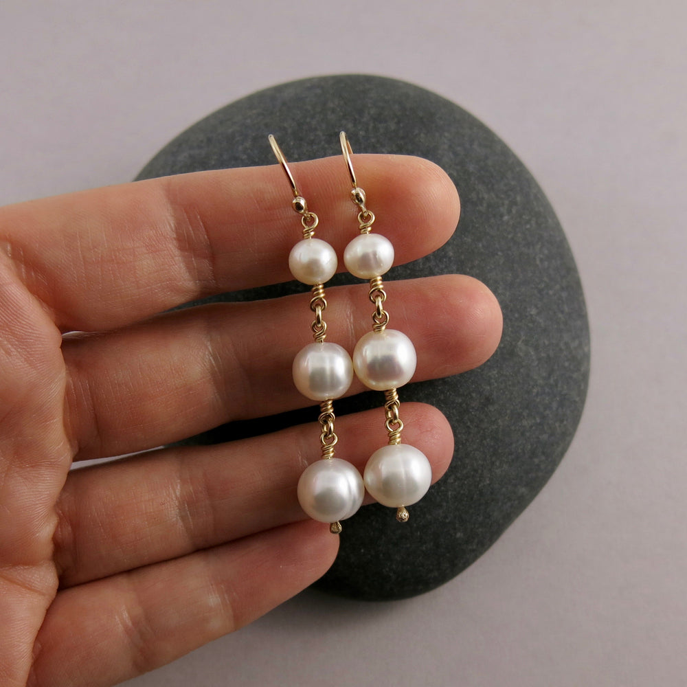 Pearl trio drop earrings in 14K gold by Mikel Grant Jewellery. Wedding jewellery.