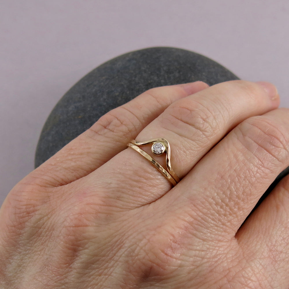 14K gold & diamond chevron ring with coordinating skinny gold hammered band by Mikel Grant Jewellery.