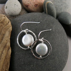 White coin pearl earrings in sterling silver by Mikel Grant Jewellery.