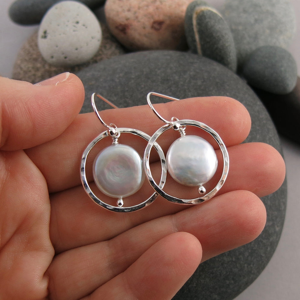 White coin pearl earrings in sterling silver by Mikel Grant Jewellery.