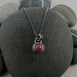 Hot pink sapphire gem drop necklace in oxidized silver and gold by Mikel Grant Jewellery.