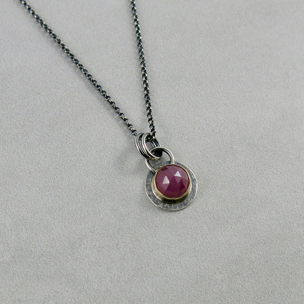 Hot pink sapphire gem drop necklace in oxidized silver and gold by Mikel Grant Jewellery.