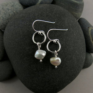 Keshi pearl circle drop earrings in sterling silver by Mikel Grant Jewellery.