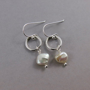 Keshi pearl circle drop earrings in sterling silver by Mikel Grant Jewellery.