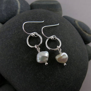 Keshi pearl circle drop earrings in sterling silver by Mikel Grant Jewellery.