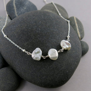 Keshi pearl trio necklace on a beaded sterling silver cable chain by Mikel Grant Jewellery.