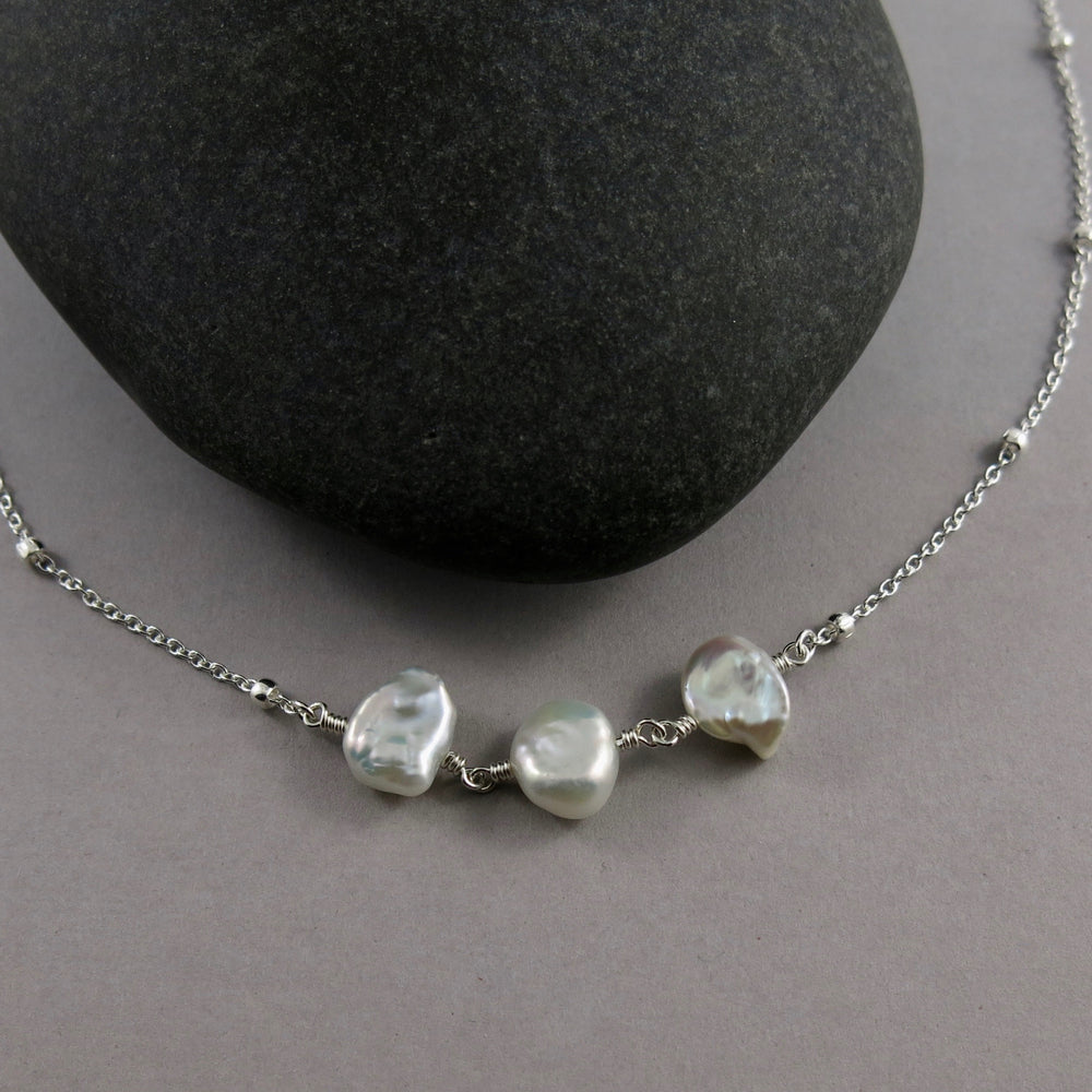 Keshi pearl trio necklace on a beaded sterling silver cable chain by Mikel Grant Jewellery.