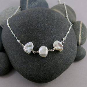 Keshi pearl trio necklace on a beaded sterling silver cable chain by Mikel Grant Jewellery.