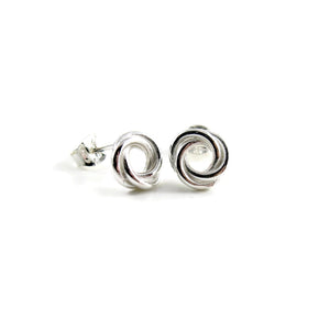 Silver love knot trinity stud earrings by Mikel Grant Jewellery. Artisan made trio knot studs.