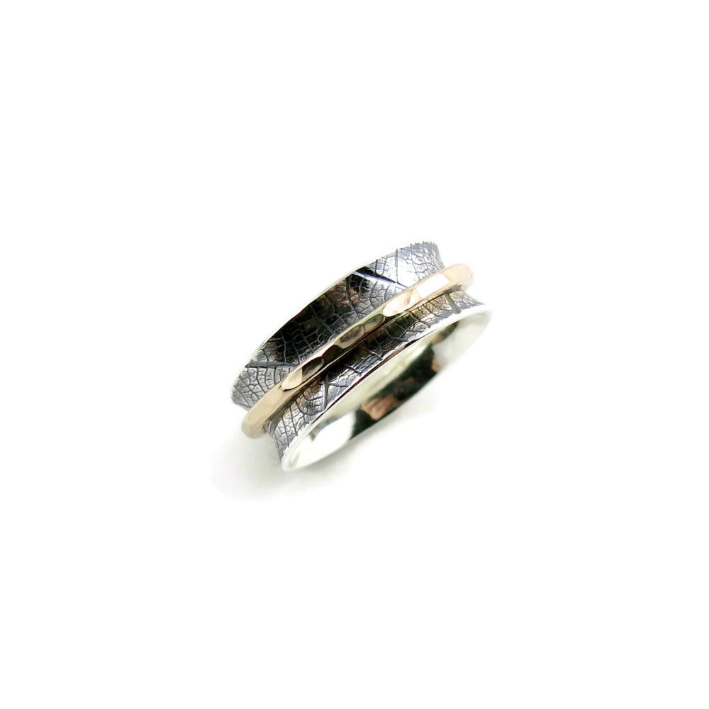 Silver & Gold Meditation Ring • Leaf Printed Silver Band with a Single Gold Filled Spinner