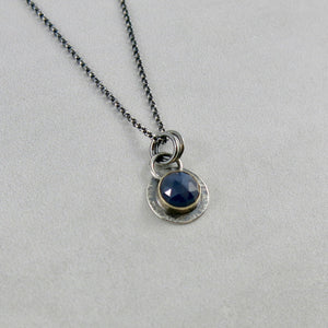 Midnight Blue Sapphire Gem Drop Necklace in Silver and Gold by Mikel Grant Jewellery.