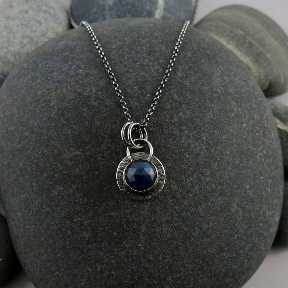 Midnight Blue Sapphire Gem Drop Necklace in Silver and Gold by Mikel Grant Jewellery.