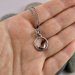 Mini silver crescent moon dream necklace by Mikel Grant Jewellery.