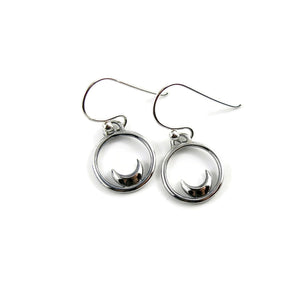 Mini silver crescent moon dream earrings by Mikel Grant Jewellery.