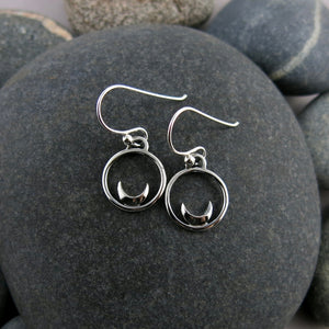 Mini silver crescent moon dream earrings by Mikel Grant Jewellery.