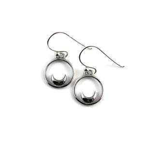 Mini silver crescent moon dream earrings by Mikel Grant Jewellery.