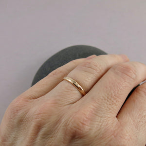 Narrow Hammer Textured Half Round 14K Gold Ring by Mikel Grant Jewellery.