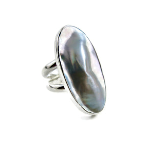 Artisan made mabe pearl shell statement ring in sterling silver by Mikel Grant Jewellery.