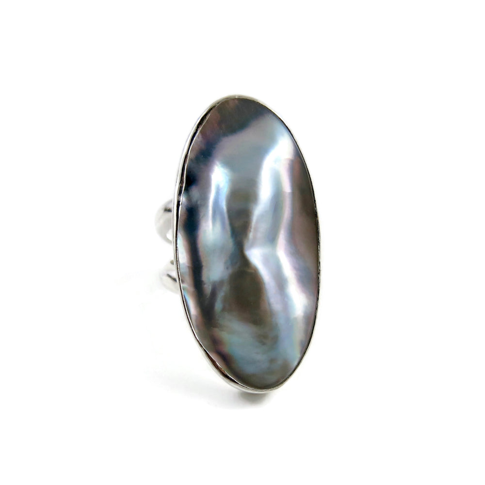Artisan made mabe pearl shell statement ring in sterling silver by Mikel Grant Jewellery.