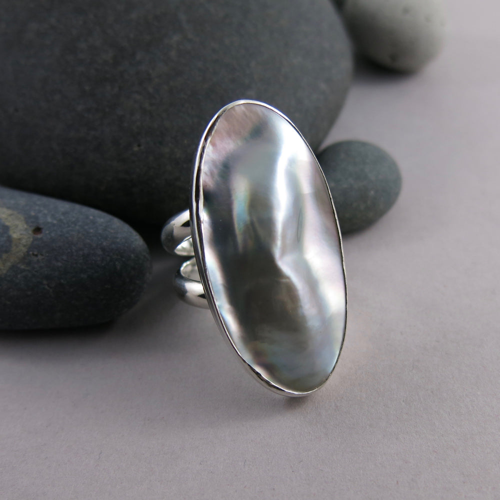 Artisan made mabe pearl shell statement ring in sterling silver by Mikel Grant Jewellery.