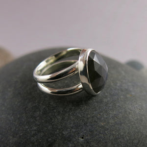 Artisan made rose cut labradorite ring in double banded sterling silver by Mikel Grant Jewellery.  View from the side of the ring.