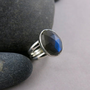 Artisan made rose cut labradorite ring in double banded sterling silver by Mikel Grant Jewellery.
