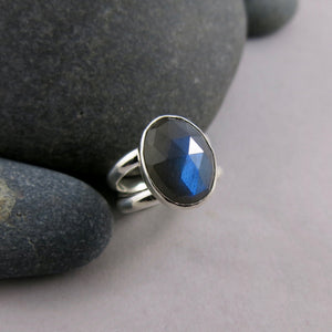 Artisan made rose cut labradorite ring in double banded sterling silver by Mikel Grant Jewellery.
