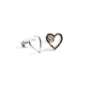 Open heart stud earrings by Mikel Grant Jewellery. Artisan made hammer textured silver everyday studs.