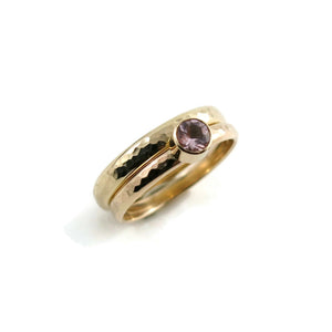 14K gold and pink morganite ring with coordinating wider hammer textured 14K gold band by Mikel Grant Jewellery. Alternative wedding ring set.