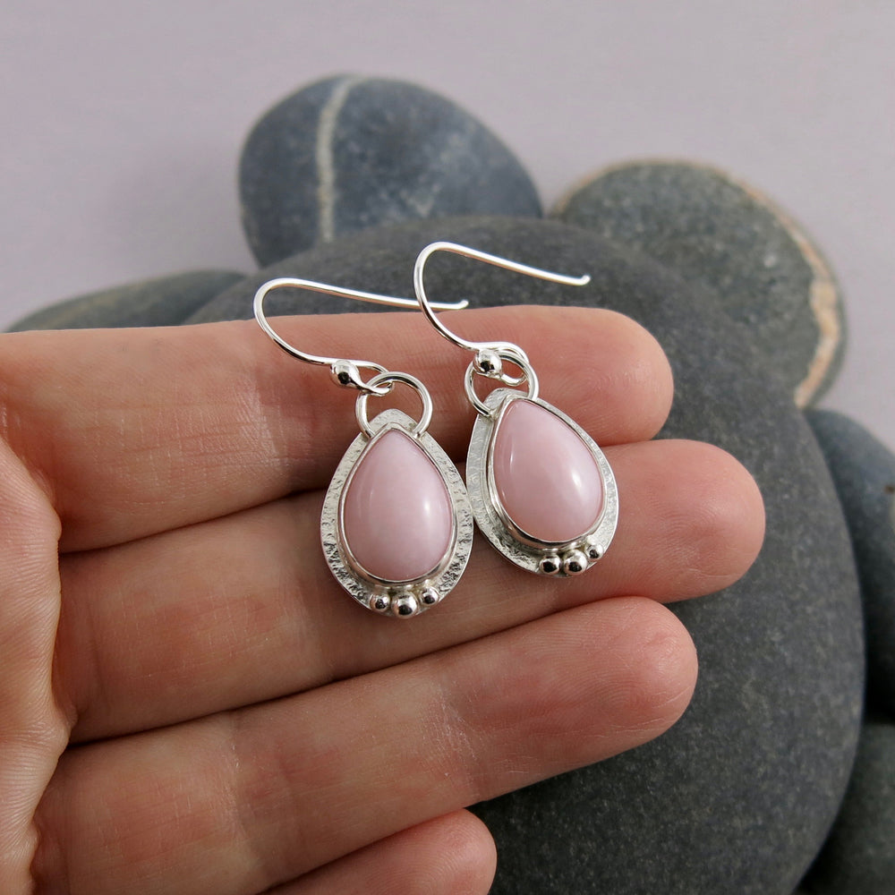 Pink opal droplet earrings in sterling silver by Mikel Grant Jewellery.