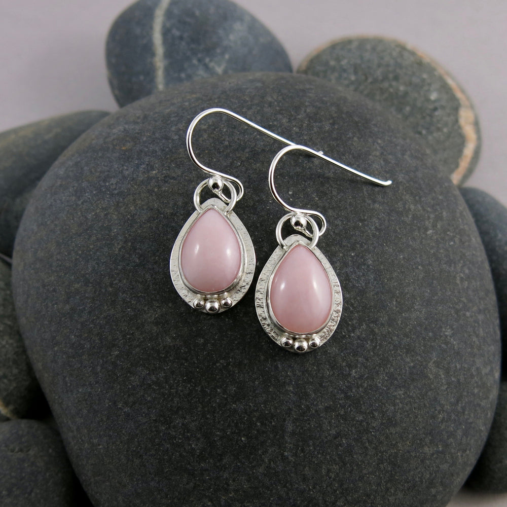 Pink opal droplet earrings in sterling silver by Mikel Grant Jewellery.