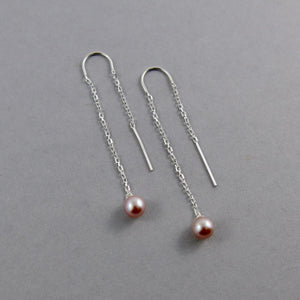 Pink Pearl Threader Earrings• Single Pearl Drop Earrings in Sterling Silver