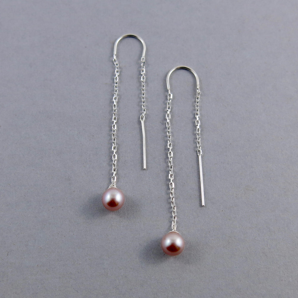 Pink Pearl Threader Earrings• Single Pearl Drop Earrings in Sterling Silver