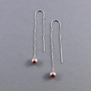 Pink Pearl Threader Earrings• Single Pearl Drop Earrings in Sterling Silver