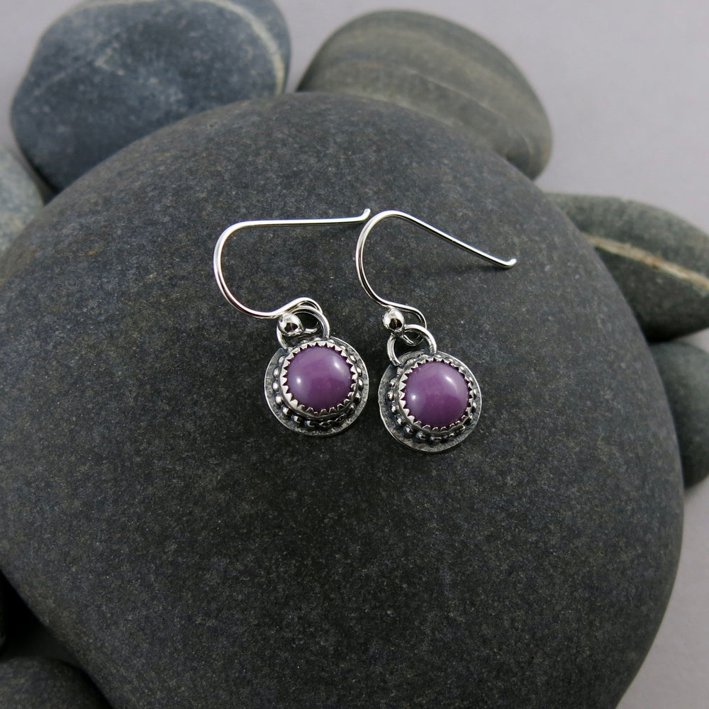 Purple dot earrings by Mikel Grant Jewellery featuring soft purple phosphosiderite gemstones in oxidized sterling silver.