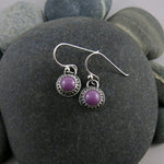 Purple dot earrings by Mikel Grant Jewellery featuring soft purple phosphosiderite gemstones in oxidized sterling silver.