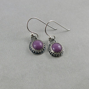 Purple dot earrings by Mikel Grant Jewellery featuring soft purple phosphosiderite gemstones in oxidized sterling silver.