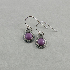 Purple dot earrings by Mikel Grant Jewellery featuring soft purple phosphosiderite gemstones in oxidized sterling silver.