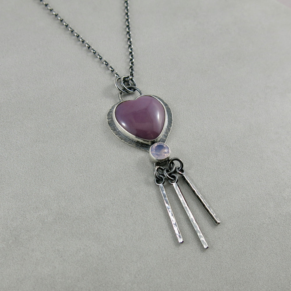 Purple heart necklace by Mikel Grant Jewellery. Phosphosiderite and lavender moon quartz in sterling silver.