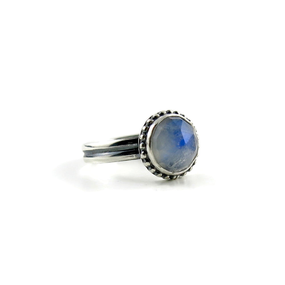 Rose-cut rainbow moonstone ring in sterling silver by Mikel Grant Jewellery.