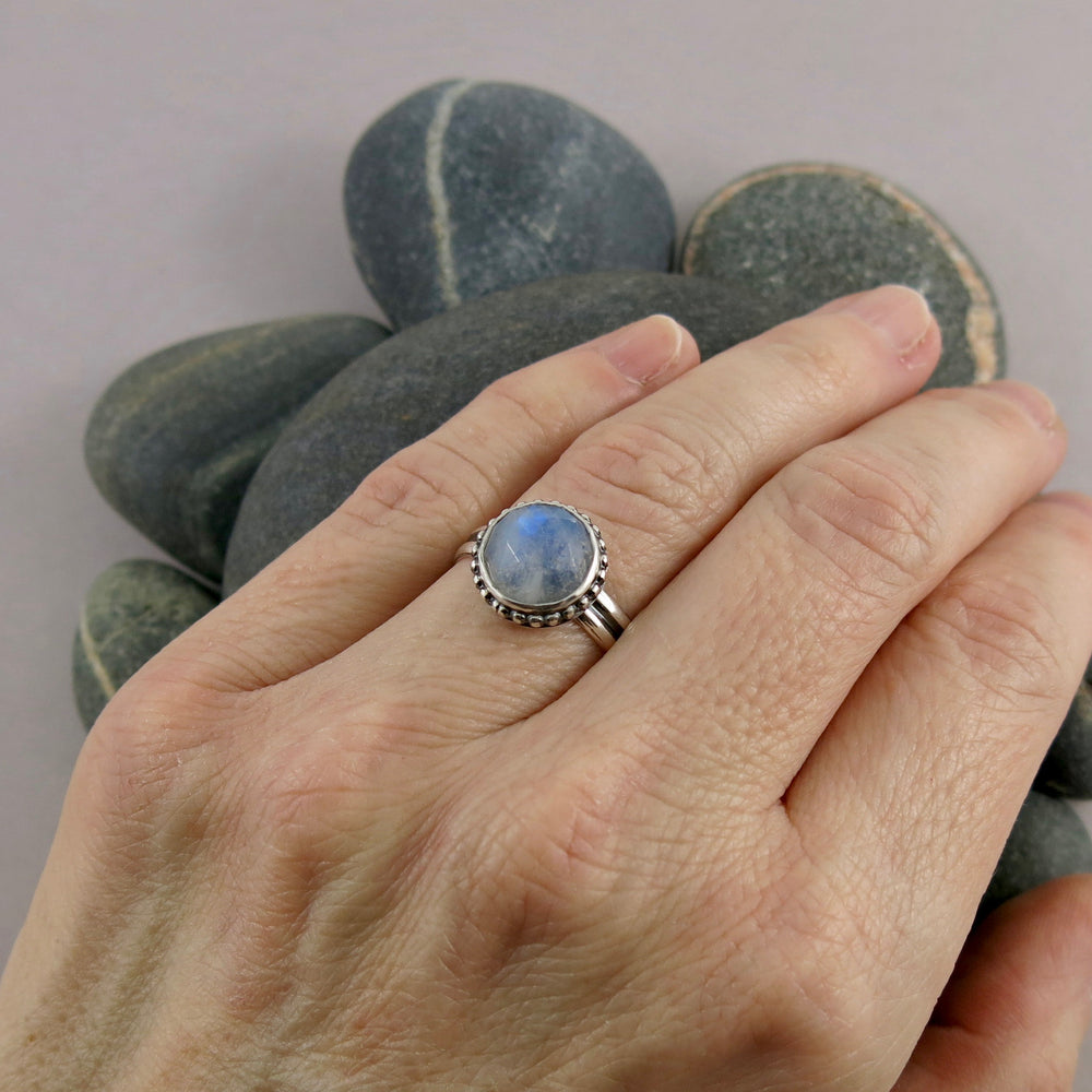 Rose-cut rainbow moonstone ring in sterling silver by Mikel Grant Jewellery.