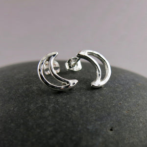 Handcrafted sterling silver hammer textured crescent moon stud earrings by Mikel Grant Jewellery