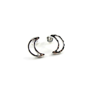 Handcrafted sterling silver hammer textured crescent moon stud earrings by Mikel Grant Jewellery