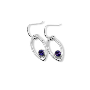 Minimalist sterling silver leaf earrings with faceted amethyst gemstones by Mikel Grant Jewellery.